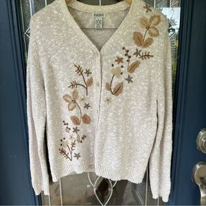 Vintage Beige Knit Cardigan with Brown Floral Embroidery Women’s Large petite